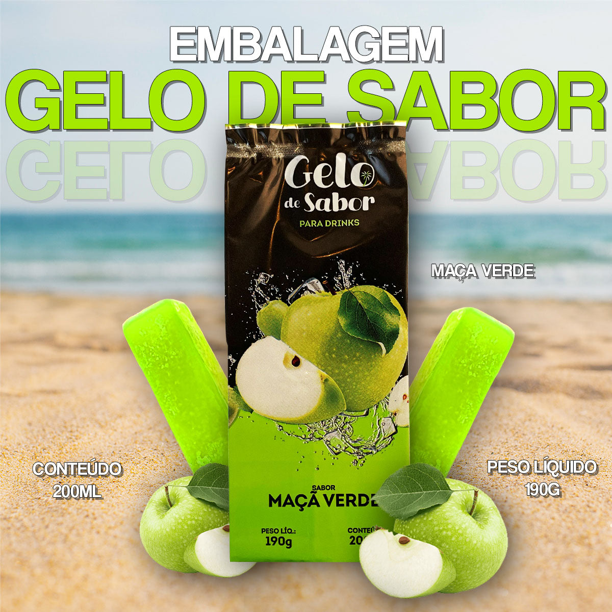 Embalagem para Gelo de Saborizado - Sabor Maça Verde